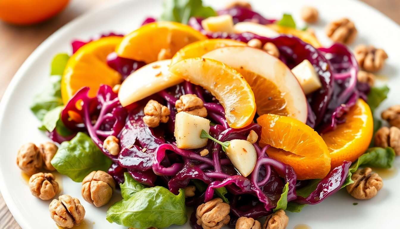 Salade d'hiver : chou, pomme, orange et noix