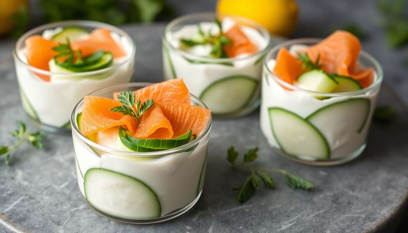 Verrines légères au concombre, menthe et saumon : recette minceur