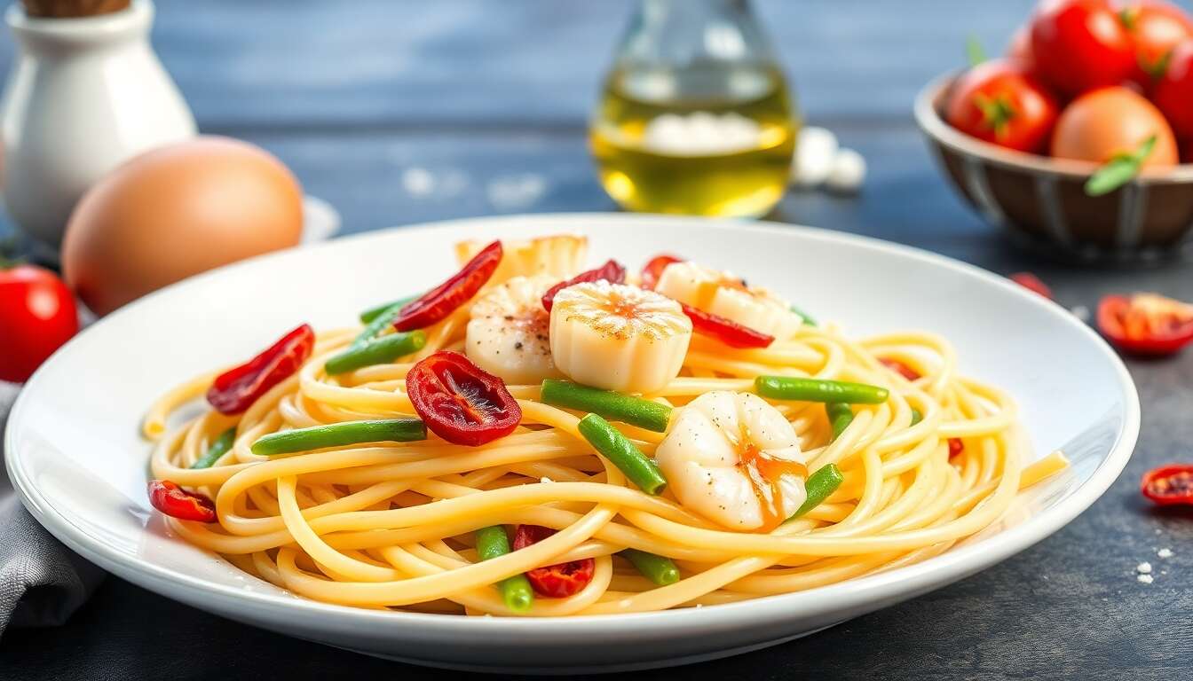 Spaghettis aux fèves et pétoncles : recette minceur savoureuse