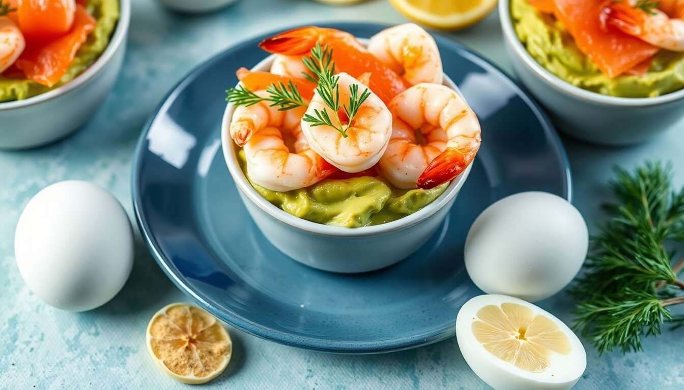 Verrines légères avocat, crevettes et saumon