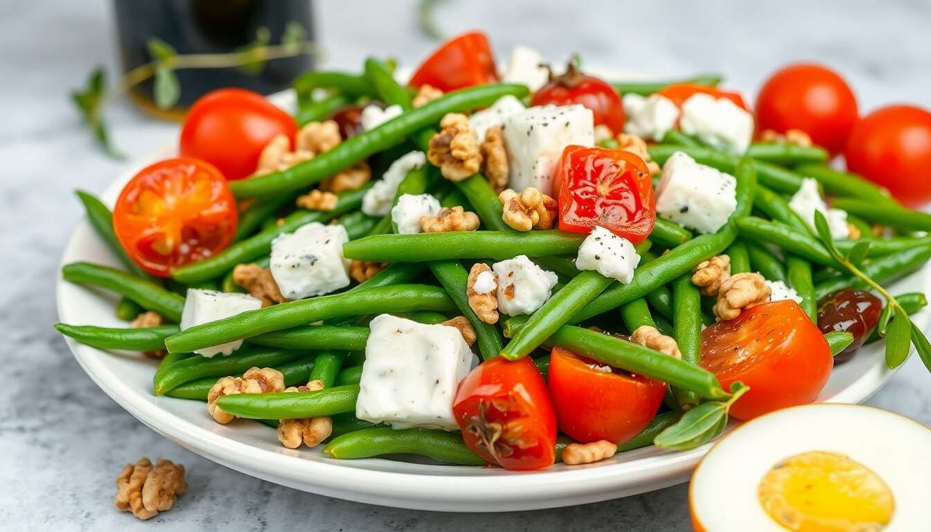 Salade minceur : haricots verts, tomates, noix et chèvre doux