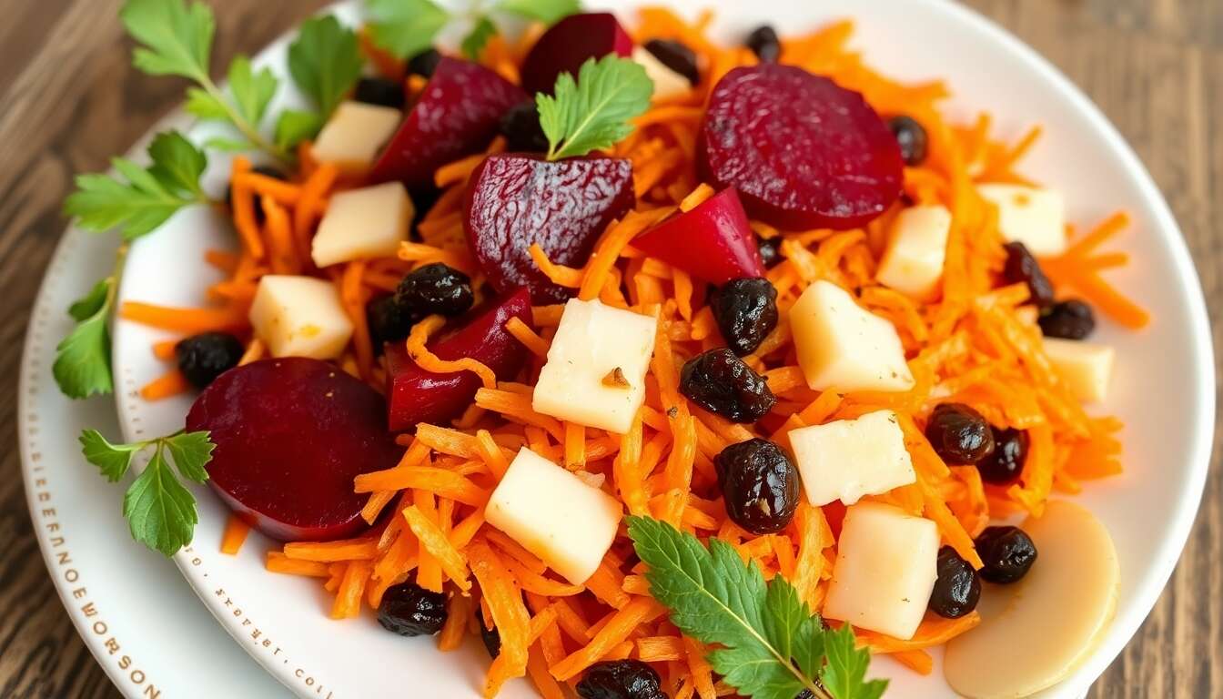 Salade minceur : betteraves, carottes, pommes et raisins