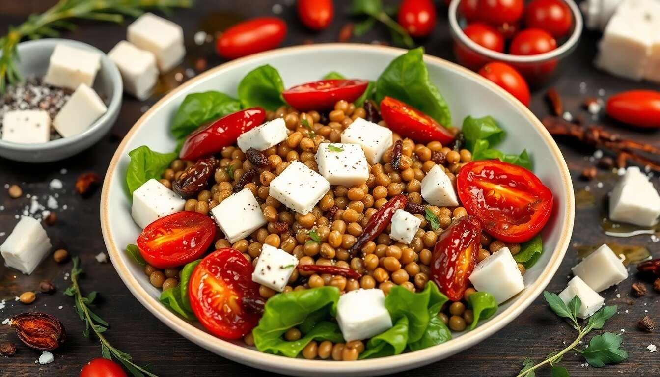 Salade minceur : lentilles vertes, tomates et feta