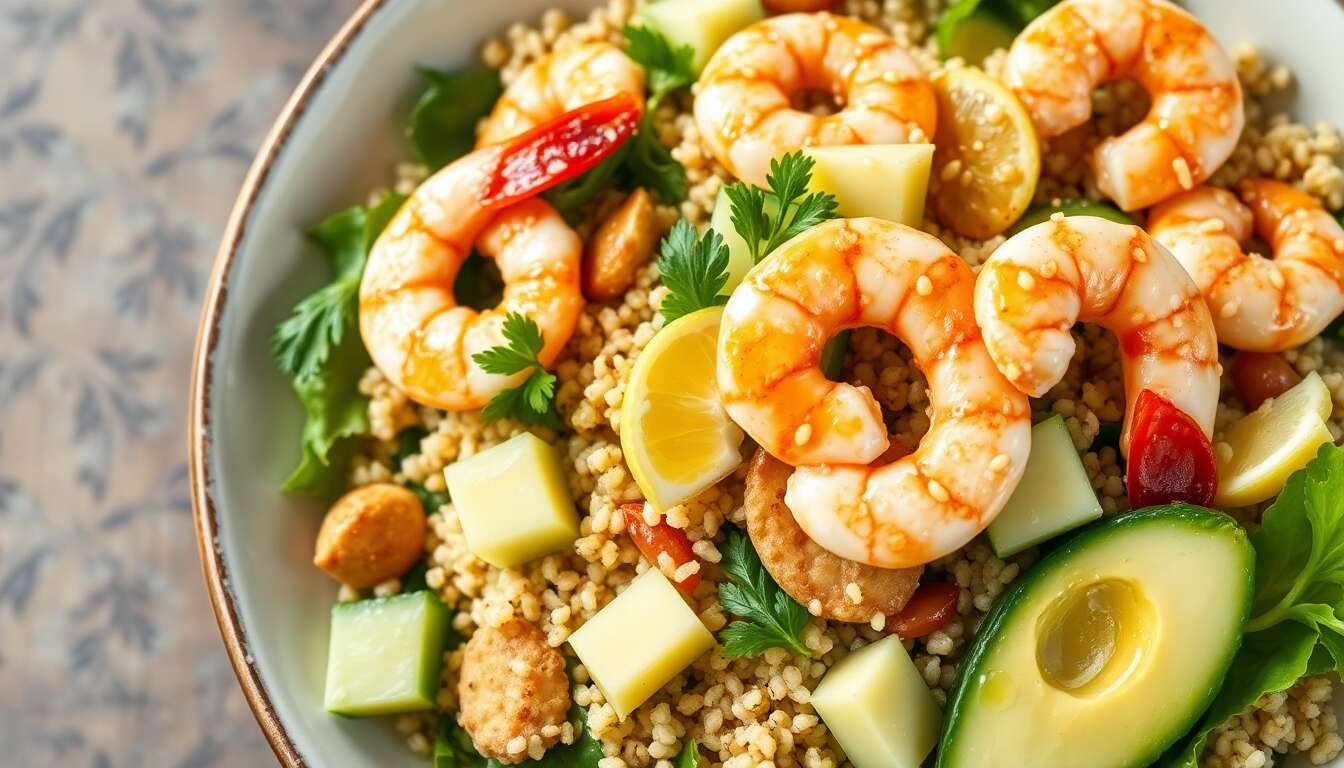 Salade fraîche : céréales, crevettes, avocat, fenouil et concombre