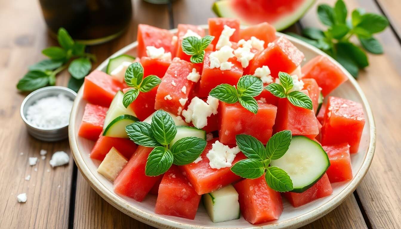 Salade de pastèque, concombre et feta : recette minceur rafraîchissante