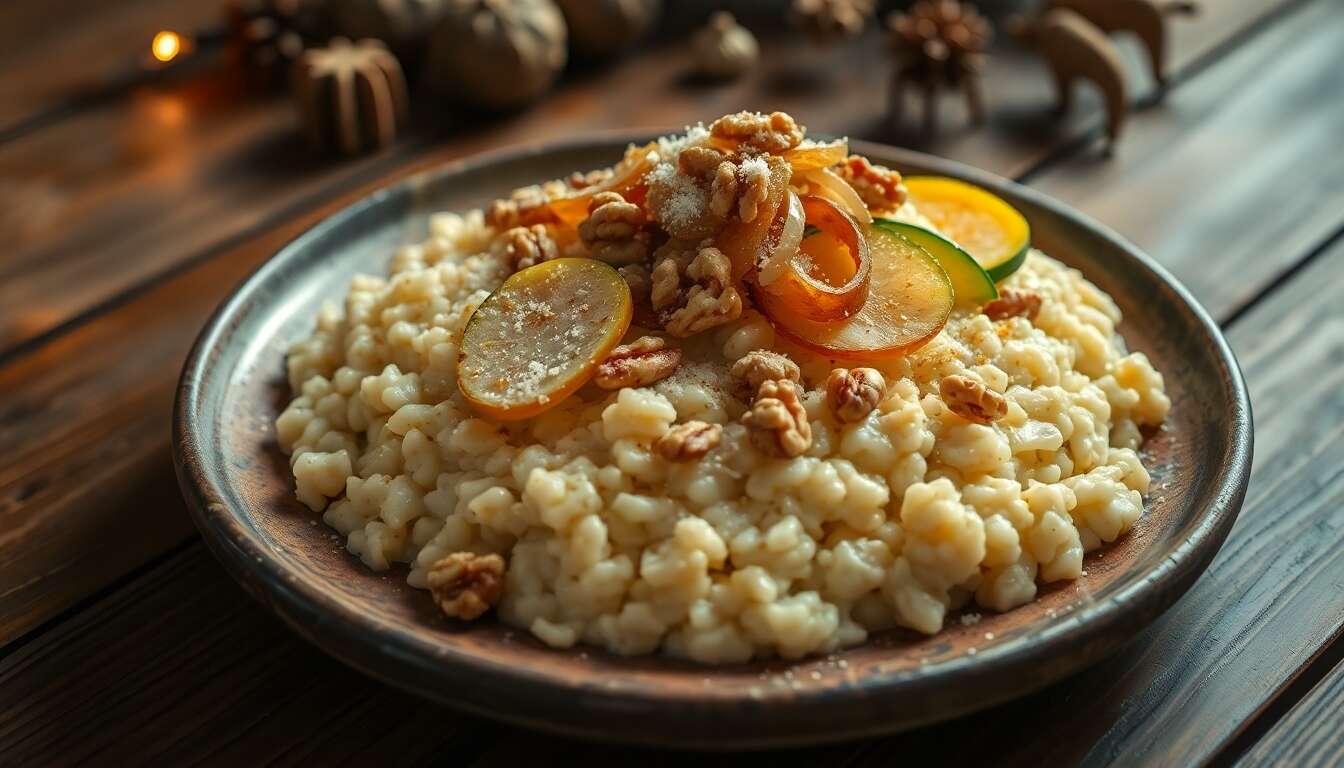 Risotto minceur au pâtisson, courge musquée et noix