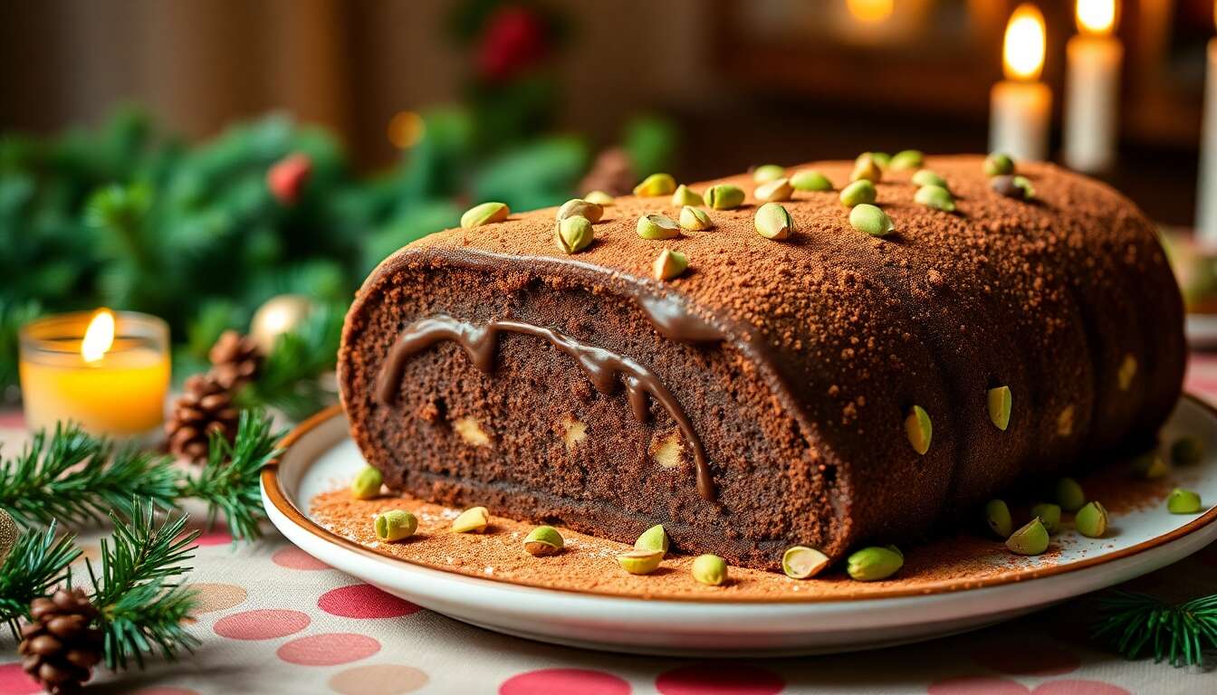 Bûche de Noël Chocolat Pistache : recette Minceur Facile
