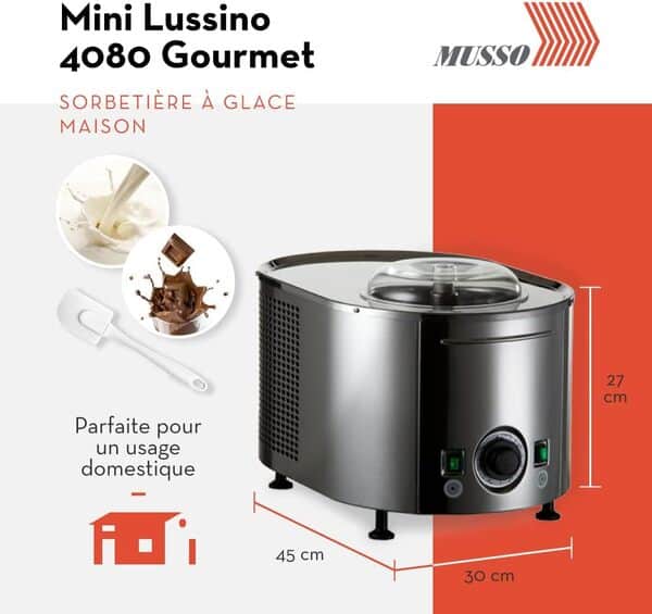 Musso Mini Lussino 4080 Gourmet Sorbetière & Deux Arômes & Spatule en Silicone | Turbine à Glace Italienne pour la Maison | Glace Végane, Gelato, Sorbet, Granita Machine | Robuste & Facile à Utiliser