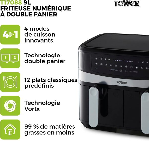 Tower T17088 Vortx Xpress Air Fryer - Friteuse sans Huile - Friteuse Électrique à double panier avec fonction Smart Finish, Puissance de 2 600 W, 9 L, Noir