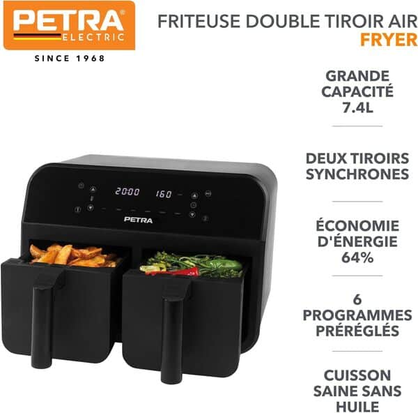 Petra PT4750BLKVDEEU7 Friteuse Sans Huile à Double Tiroir, Air Fryer 7.4L, Friteuse à Air, 6 Programmes Prédéfinis, 2 Paniers de Friture Antiadhésive, Fonctions Sync & Match, Écran Tactile LED, 2400W