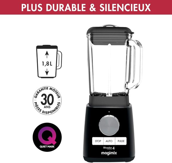 Magimix Blender Power Mixeur Professionnel 4 - Blender Électrique, Hachoir, Mixeur pour Smoothie, Hachoir Robot Multifonction - Bol en verre - Noir