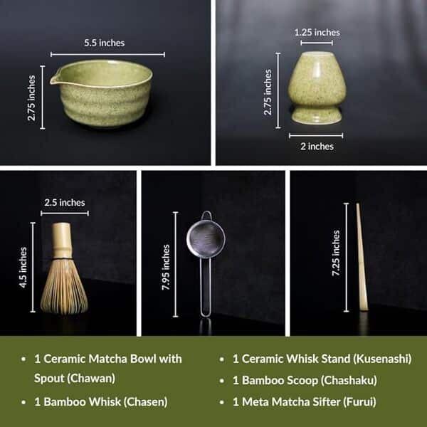 MATCHA RITUAL Kit de 5 pièces à matcha vert – Ensemble fouet et bol à matcha avec bol à matcha avec bec, fouet en bambou pour matcha, cuillère à matcha, tamis à matcha et support pour fouet à matcha –