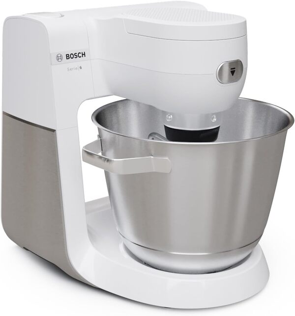 Bosch, Robot pâtissier, Série 6, moteur 1600 watts, mouvement planétaire 3D, kit pâtisserie, râpeur, blender ThermoSafe en verre, en acier inoxydable/blanc, MUMS6EW22