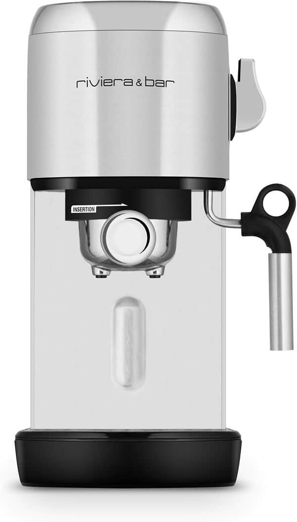 riviera&bar Machine Expresso - Machine à café manuelle Inox – 19 bar, Réservoir 1,4 L, 3 Fonctions (Expresso, Vapeur, Eau), Filtres Crème, Compacte et Puissante, BCE350