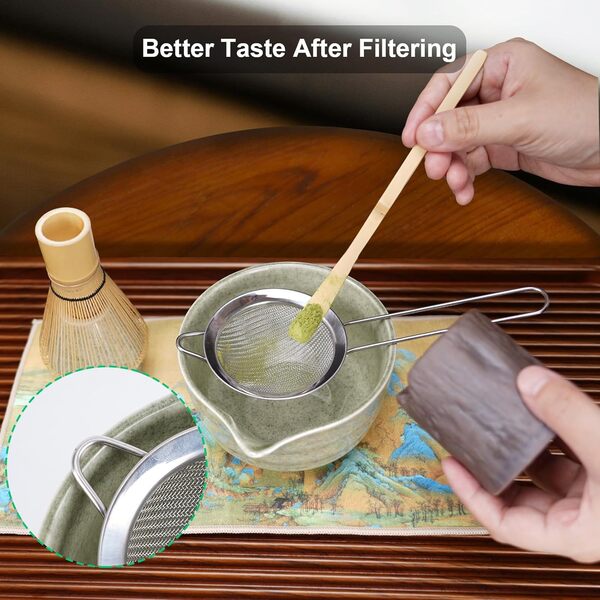 HMAZAE Lot de 8 fouets à matcha de qualité cérémonielle avec bol en céramique avec bec, fouet en bambou avec support, tamis en acier inoxydable, cadeau pour les amateurs de macha pour profiter de la