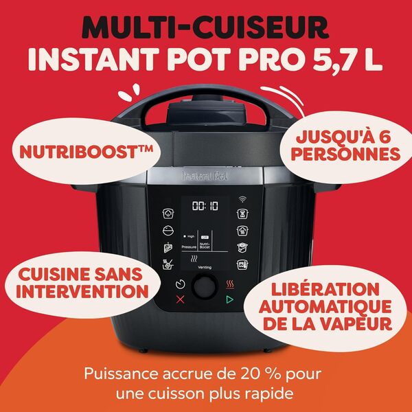 Instant Pot - Multicuiseur Pro 10-en-1 5,7 L – Noir : Autocuiseur, Mijoteuse, Cuiseur à riz, Poêle à sauter, Yaourtière, Maintien au chaud, Cuiseur vapeur, Sous-vide, Cuisson au four