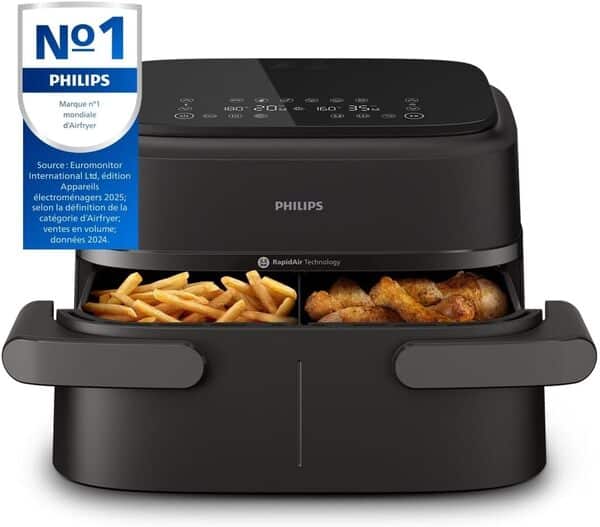 Philips Air Fryer Série 1000 Double Panier avec Séparateur Amovible - 7.1L, Technologie RapidAir, 10 Modes de Cuisson, 90% de Matières Grasses en Moins, Design Compact, Application HomeID (NA154/00)