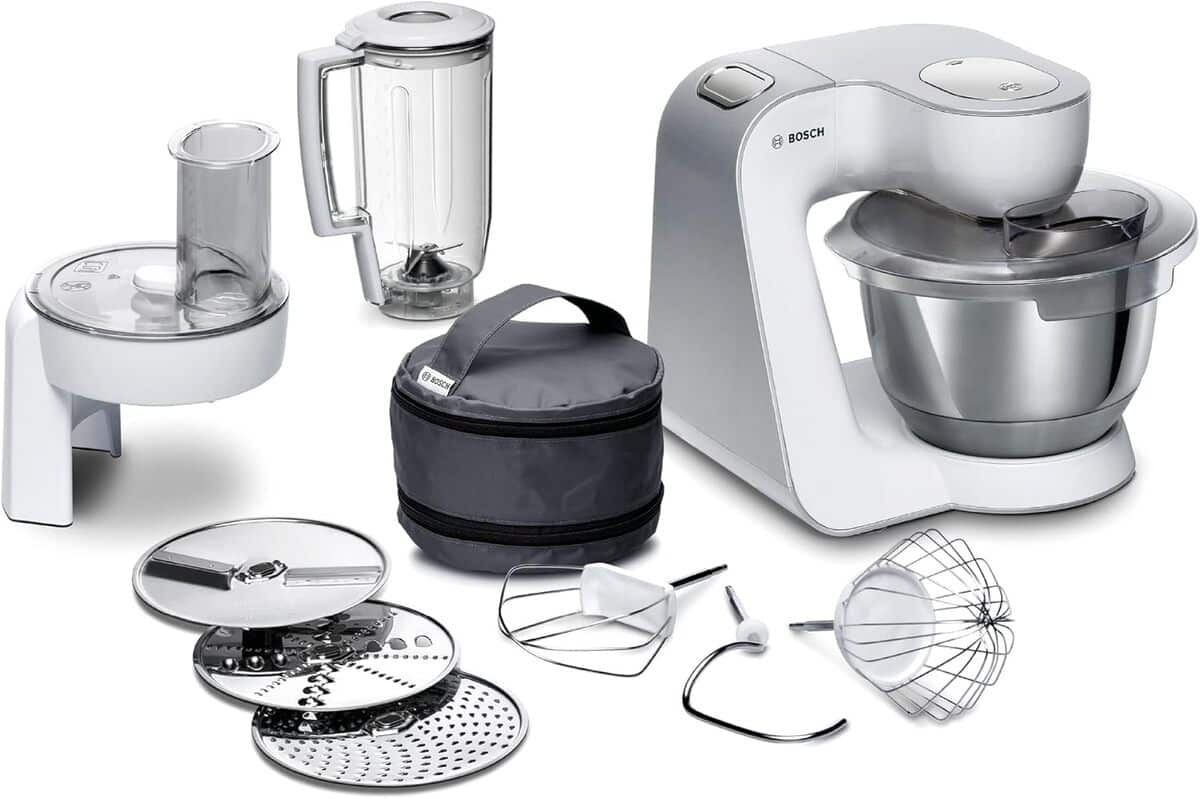 Test du robot pâtissier Bosch MUM 5 : puissance de 1000 W en blanc argenté