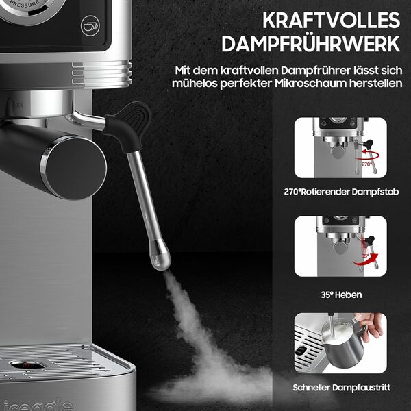 iceagle Machine à Café Expresso 20-Bar Pompe Italienne | 1350W Cafetière à Expresso Acier Inoxydable avec Mousseur à Lait, Cafetière et Machine à Cappuccino, Écran Tactile avec Manomètre, 1.3L