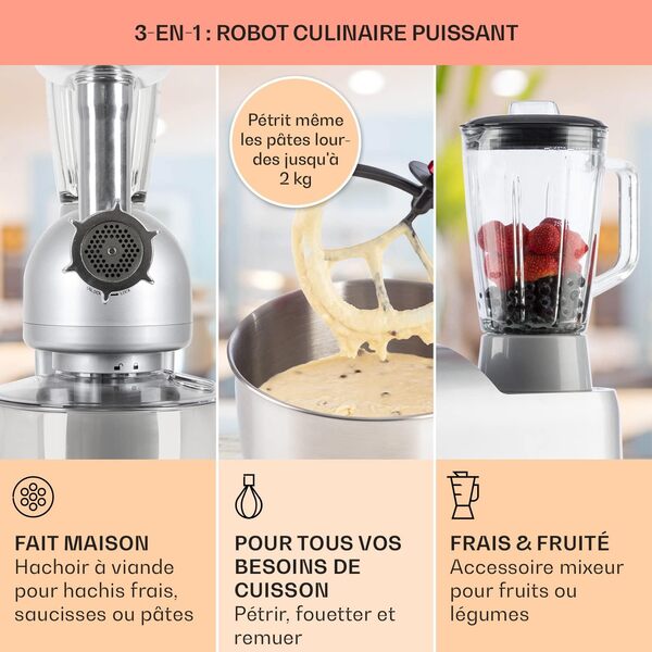 Klarstein Robot Patissier Multifonctions, Batteur sur Socle, Bol 5L, Robot Cuisine 1800W, Blender 1.5L, Robot Multifonction Petrin Boulangerie, Hachoir à Viande, Batteur Electrique Cuisine, 6 Vitesses