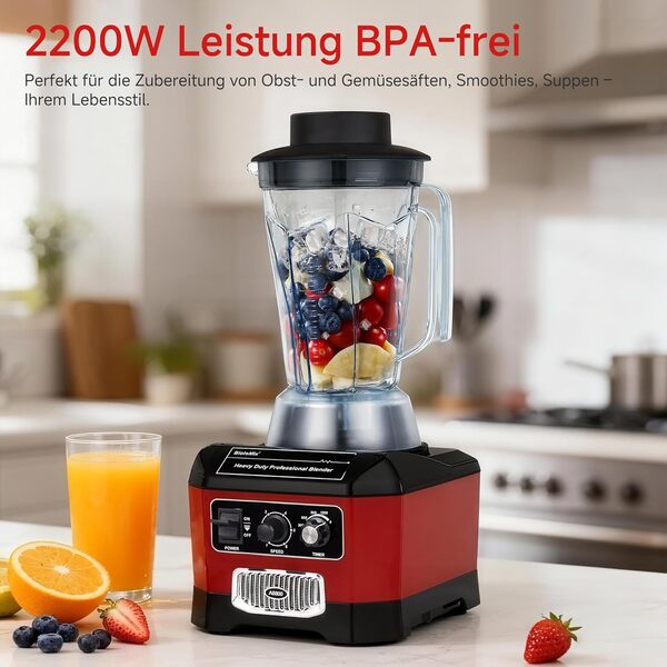 BioloMix Mixeur 2200W SmoothieMixer, fonction autonettoyante, minuterie intégrée, mixeur haute performance avec réservoir de 2L sans BPA