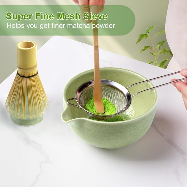 Lot de 10 fouets à matcha, fouet et bol (avec bec verseur), cuillère à thé, tamis à matcha, support pour fouet à matcha, panier à poudre matcha, torchon avec plateau, kit parfait pour matcha thé et