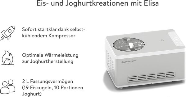 SPRINGLANE Sorbetière et yaourtière Elisa 2,0 L avec compresseur auto-refroidissant 180 W (Argent, avec accessoires)