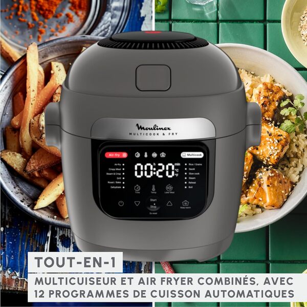 Moulinex Multicook & Fry, multicuiseur et air fryer intégré, 12programmes, Cuisson sur 2 niveaux, Départ différé, Capacité 6L, Gris Hippo, MZ730BF0