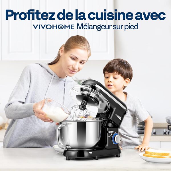 VIVOHOME 5,7L Robot Pâtissier 1500W 10 Vitesses Robot Cuisine Professionnel avec Bol Mélangeur en Acier Inoxydable Fouet Crochet Pétrisseur Batteur Noir