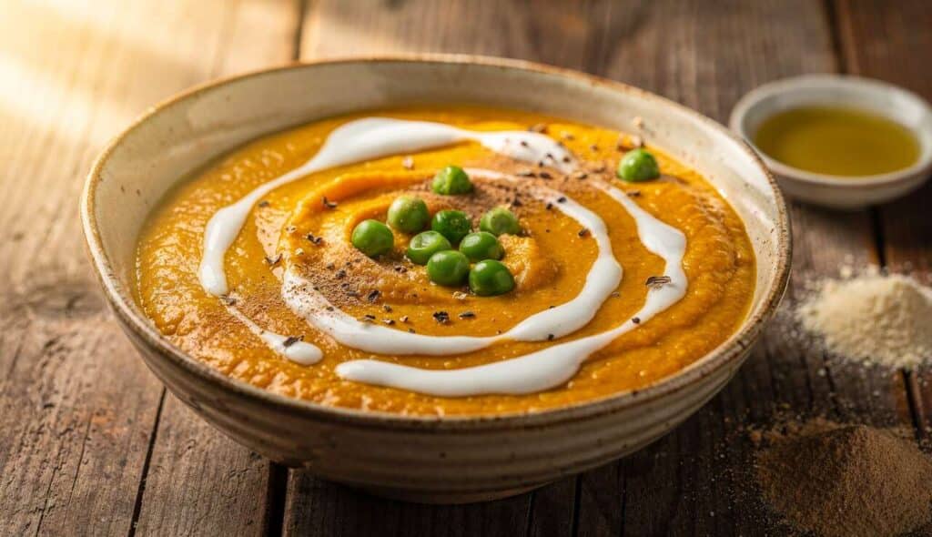 Velouté de potiron et petits pois vegan : recette facile et savoureuse