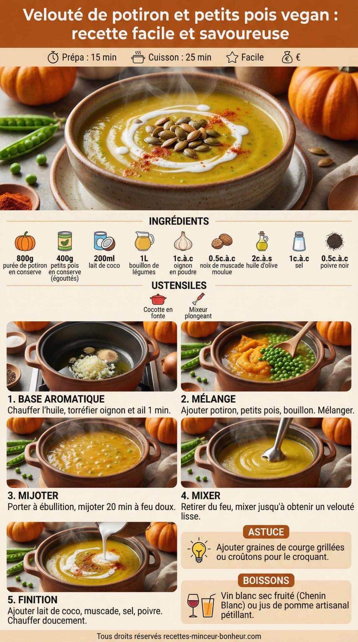 Fiche recette Velout&eacute; de potiron et petits pois vegan : recette facile et savoureuse