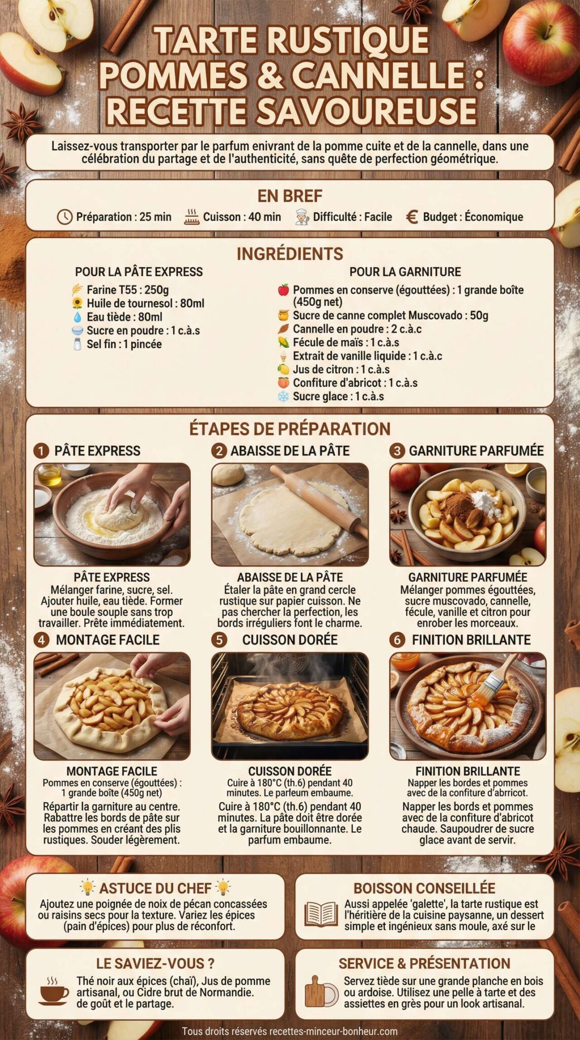 Fiche recette Tarte rustique pommes et cannelle : recette savoureuse