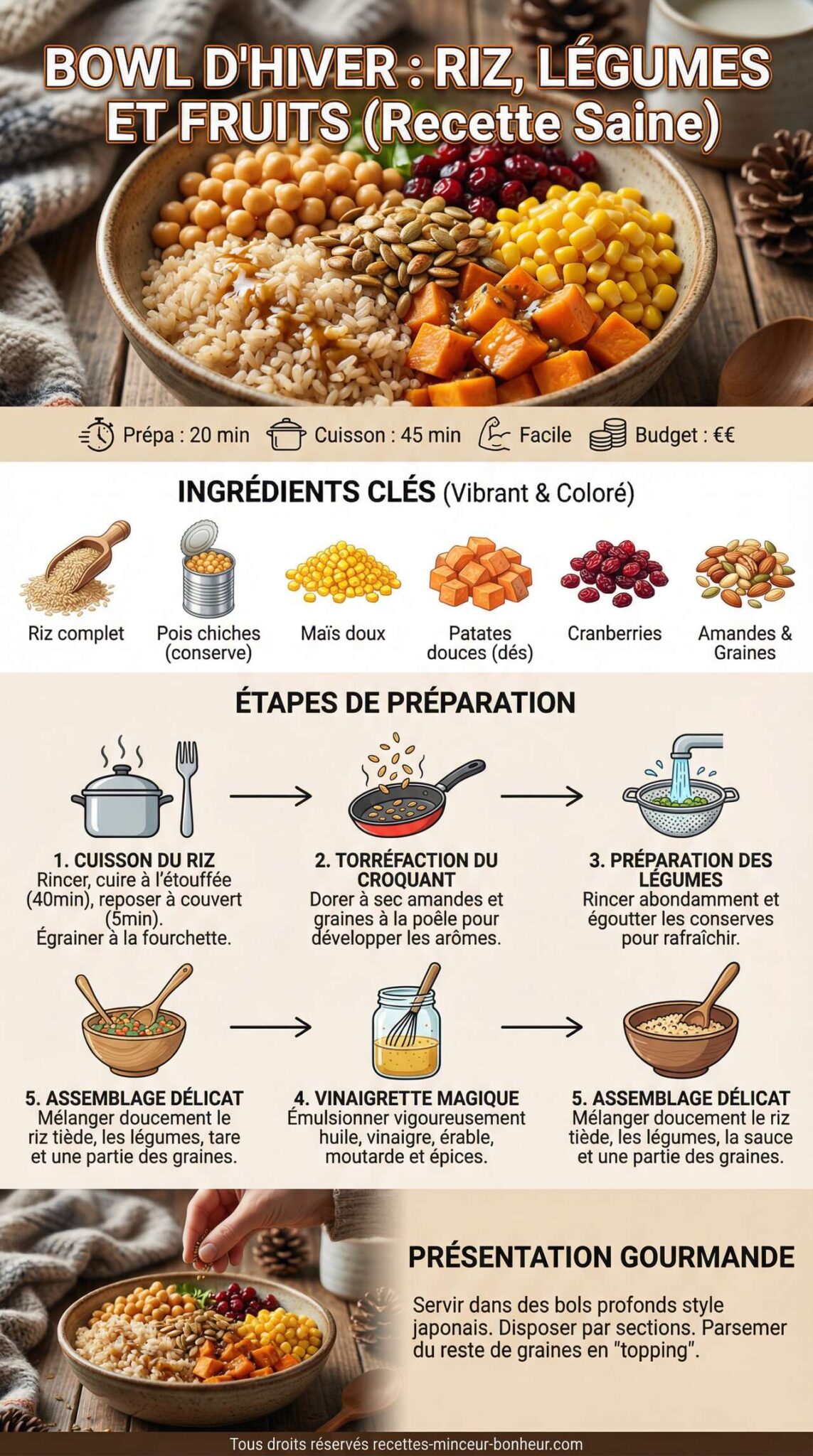 Fiche recette Bowl d'hiver : riz, l&eacute;gumes et fruits pour une recette saine