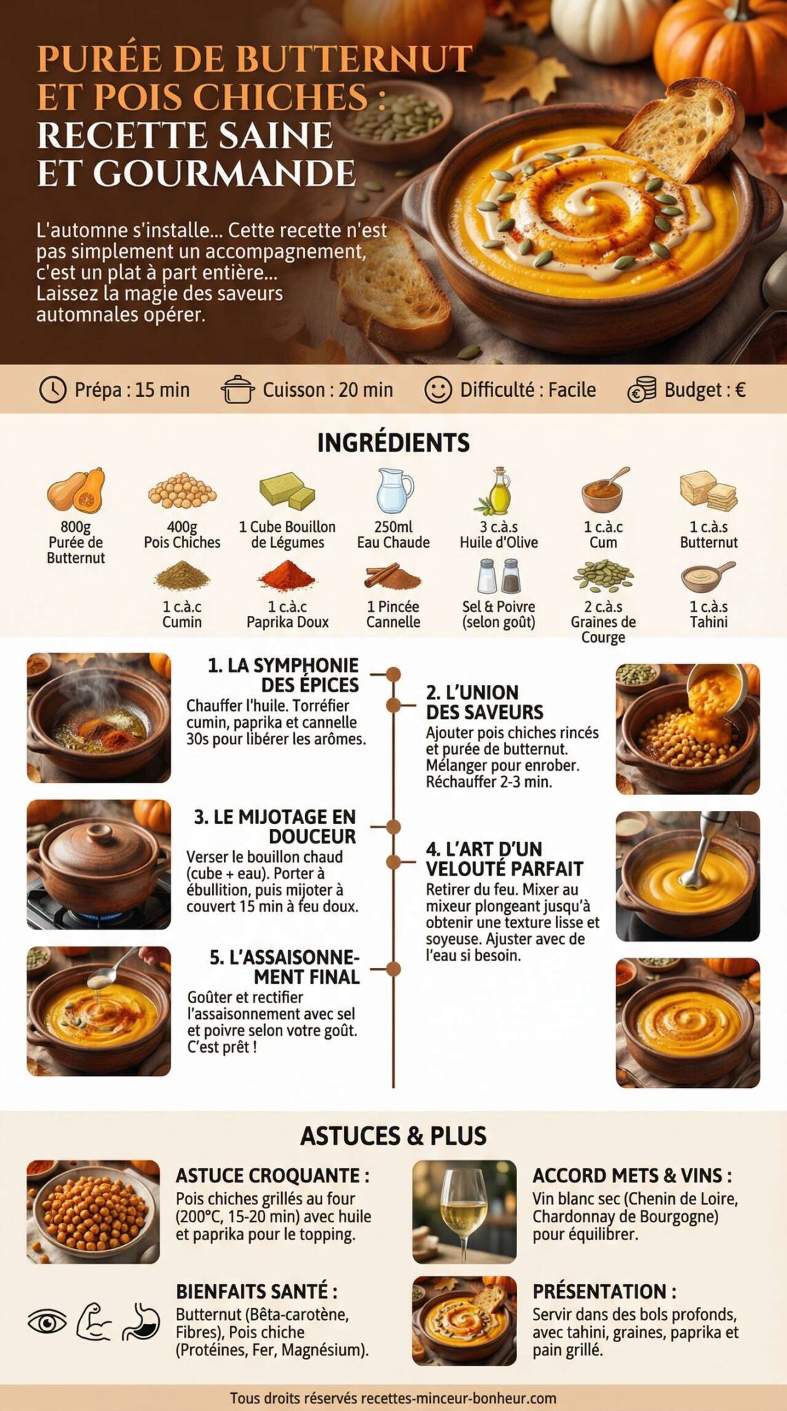 Fiche recette Pur&eacute;e de butternut et pois chiches : recette saine et gourmande