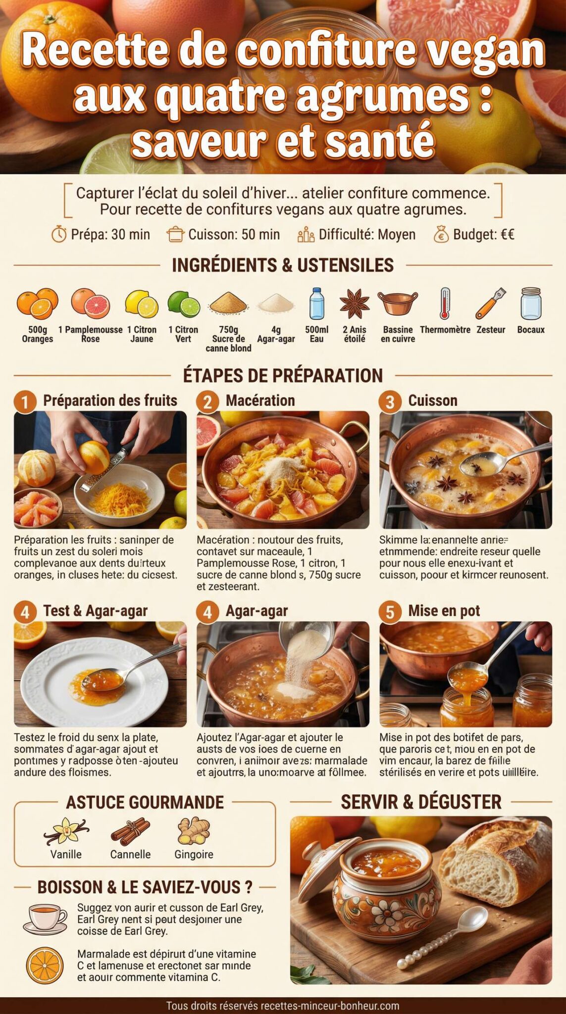 Fiche recette Recette de confiture vegan aux quatre agrumes : saveur et santé Fiche recette Recette de confiture vegan aux quatre agrumes : saveur et santé