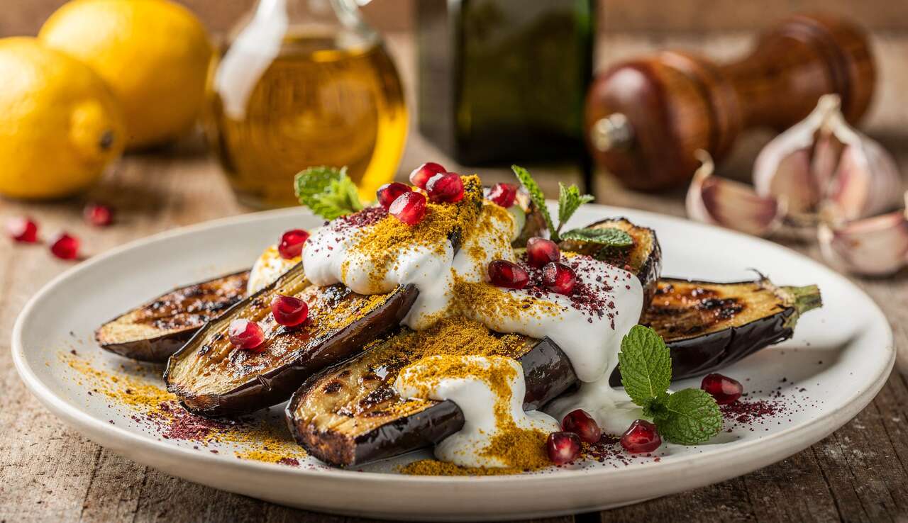 Recette : aubergines au yaourt, curry et grenade