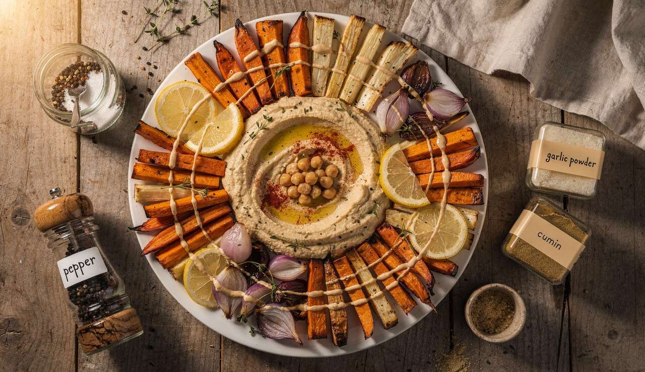 Recette d'assiette de légumes rôtis et houmous