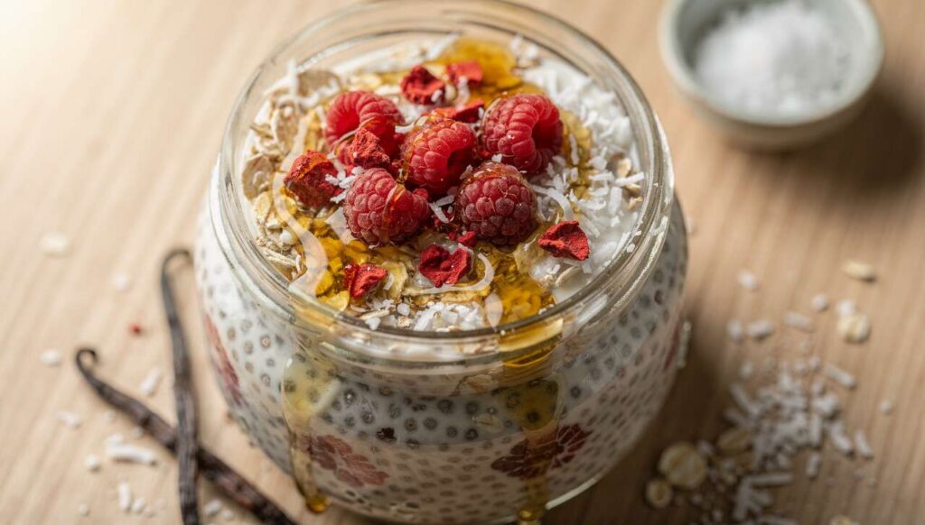Chia pudding avoine, coco et framboise : recette gourmande et saine