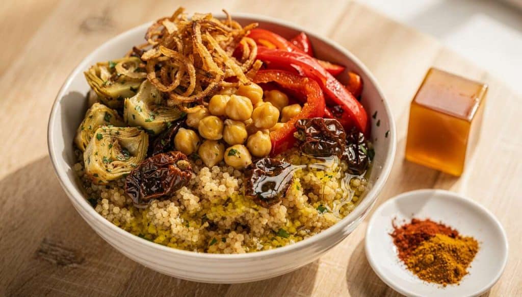 Recette vegan : bowl de couscous aux légumes rôtis
