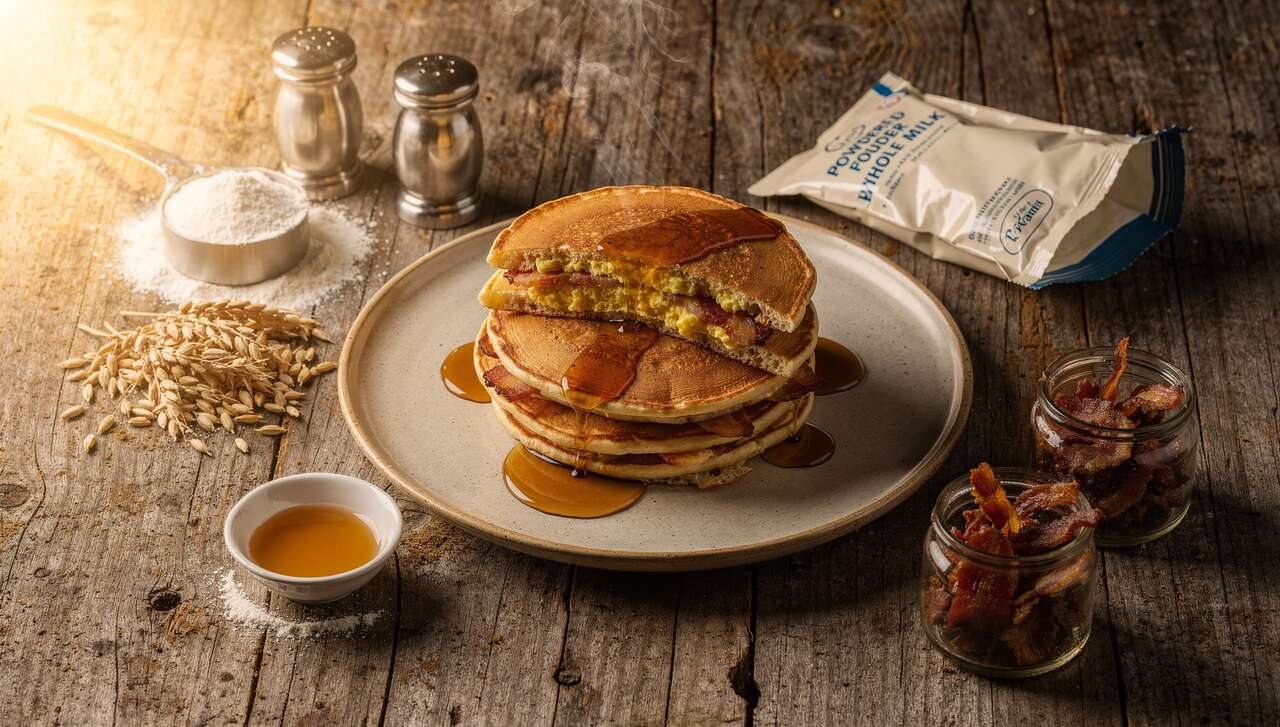 Pancakes fourrés au bacon et œufs brouillés
