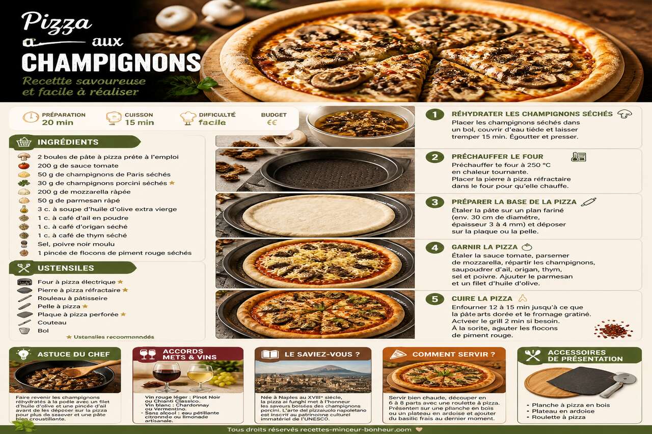 Fiche recette Pizza aux champignons : recette savoureuse et facile &agrave; r&eacute;aliser