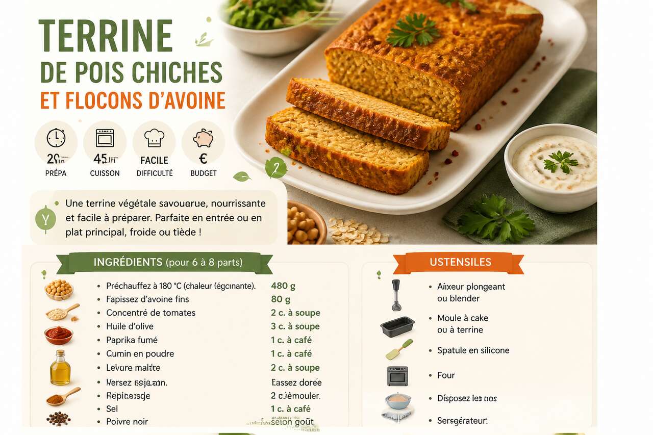 Fiche recette Recette de terrine de pois chiches et flocons d'avoine
