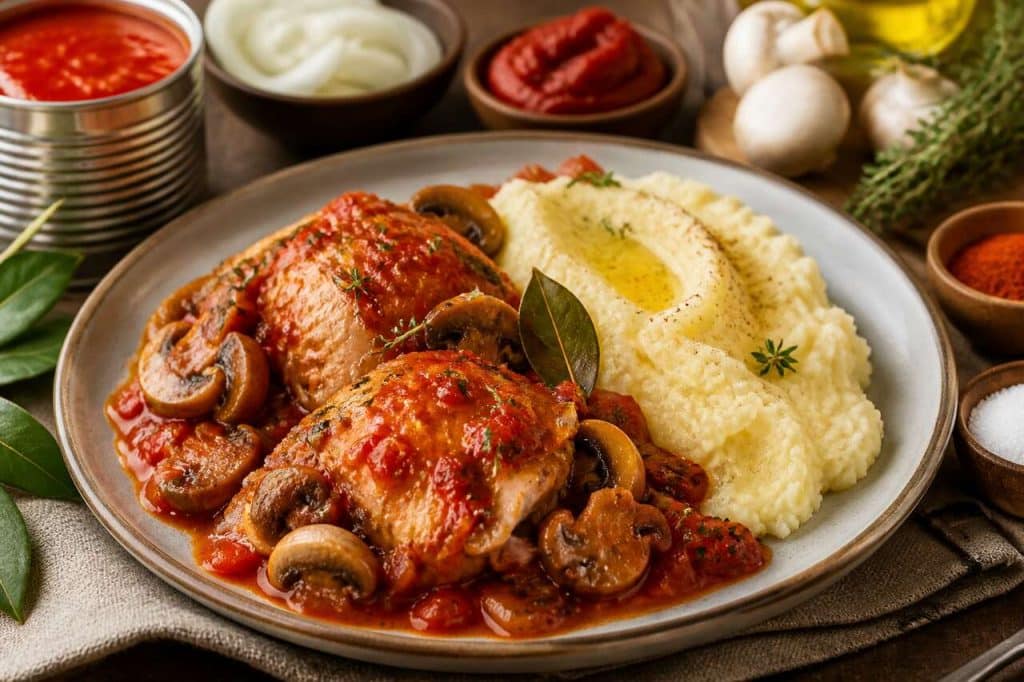Poulet sauce tomate aux champignons et purée : une recette savoureuse