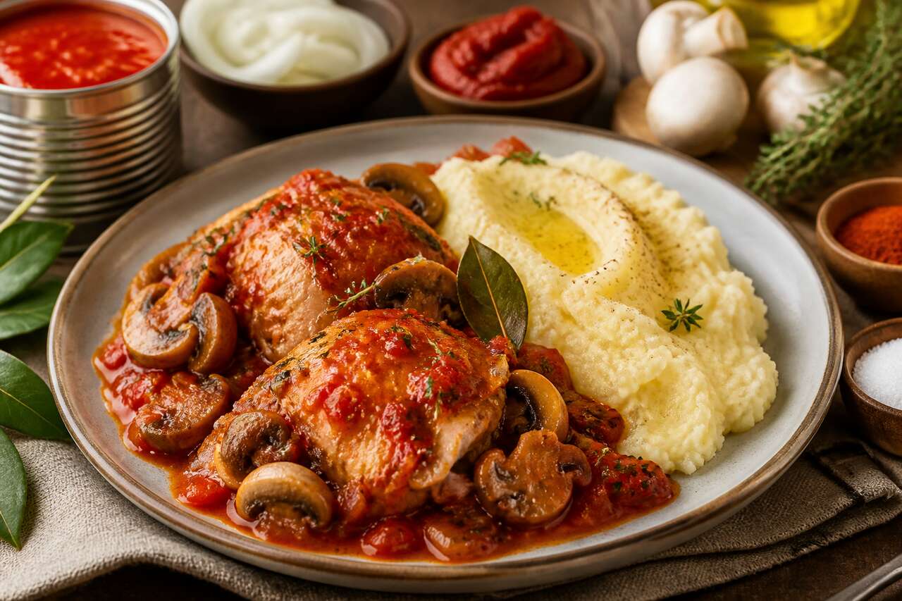 Poulet sauce tomate aux champignons et purée : une recette savoureuse