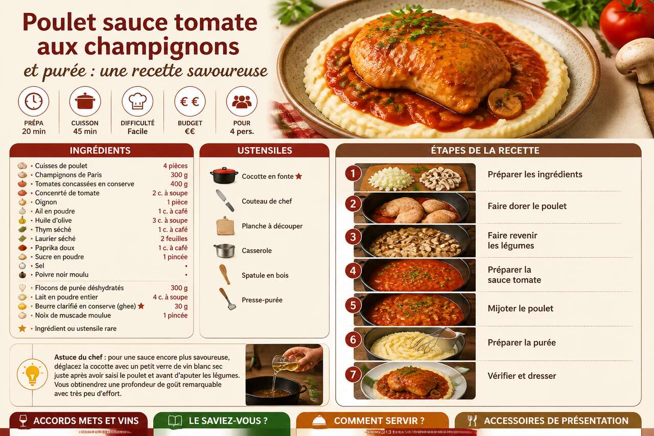 Fiche recette Poulet sauce tomate aux champignons et pur&eacute;e : une recette savoureuse