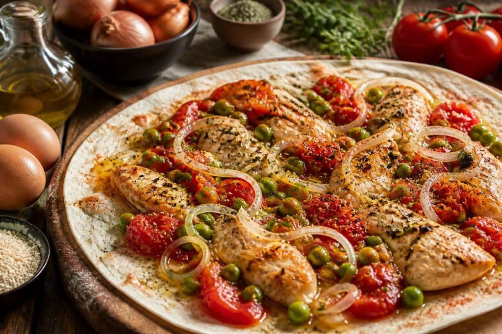Tortilla au poulet, petits pois et tomate : recette savoureuse