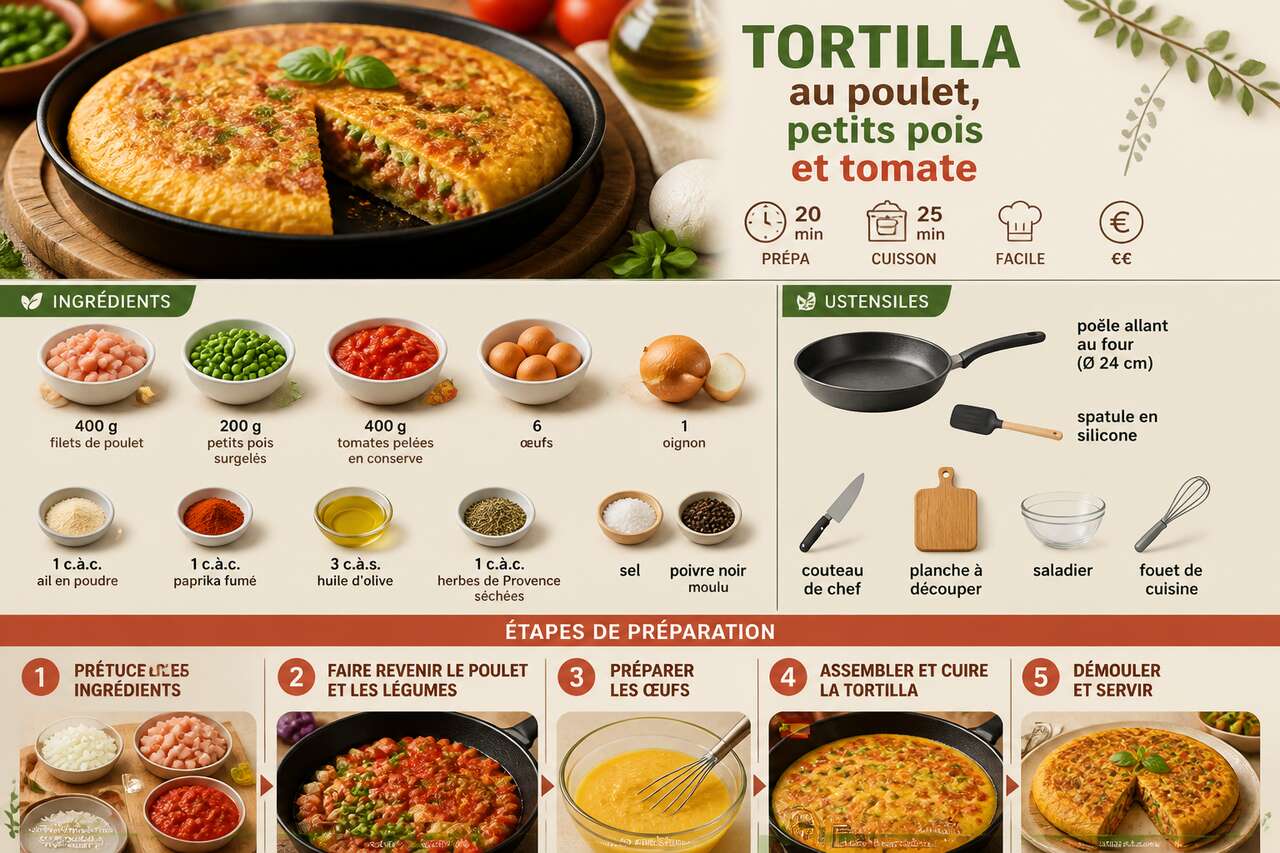Fiche recette Tortilla au poulet, petits pois et tomate : recette savoureuse