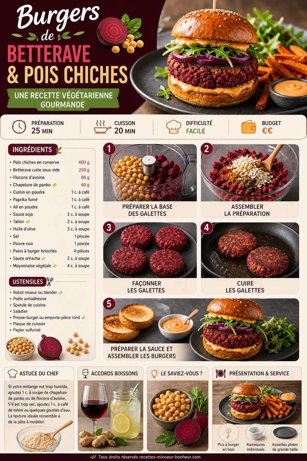 Fiche recette Burgers de betterave et pois chiches : une recette v&eacute;g&eacute;tarienne gourmande