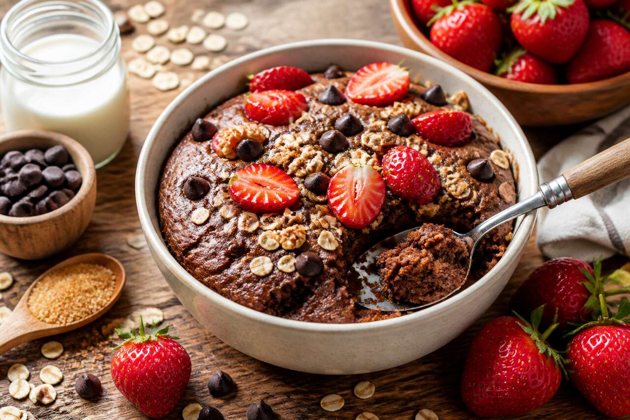 Bowl cake muesli chocolat et fraises : recette rapide et saine