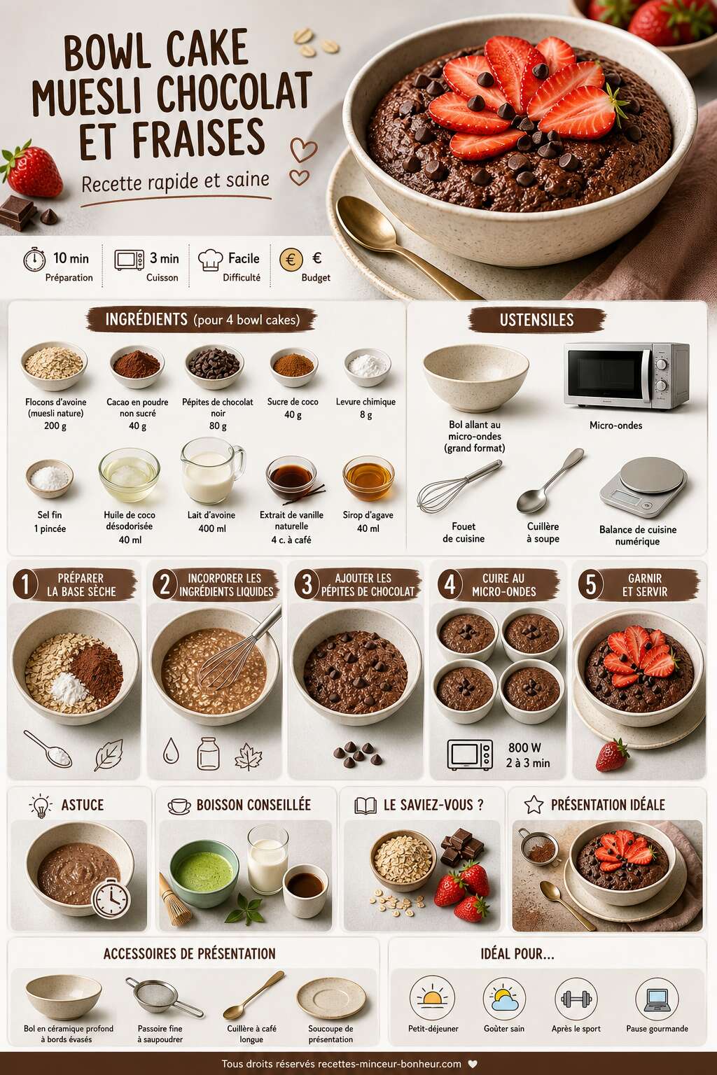 Fiche recette Bowl cake muesli chocolat et fraises : recette rapide et saine
